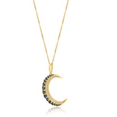 18K Yellow Gold Round Blue Sapphire and Round Diamond Crescent Moon Pendant Neck