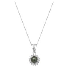 14K White Gold Black South Sea Pearl and Round Diamond Halo Pendant Necklace 16.
