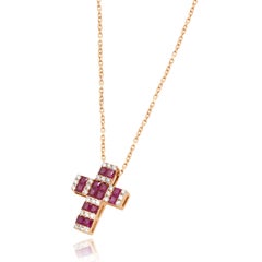 18K Rose Gold Square Cut Ruby and Round Diamond Cross Pendant Necklace 16.0-16.7