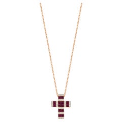 18K Rose Gold Square Cut Ruby and Round Diamond Cross Pendant Necklace 16.0-16.7