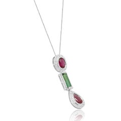 14K White Gold Multi-Color Tourmaline and Round Diamond Halo Pendant Necklace 21