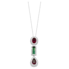 14K White Gold Multi-Color Tourmaline and Round Diamond Halo Pendant Necklace 21