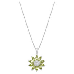 14K White Gold Marquise Cut Peridot and Pave Diamond Flower Pendant Necklace 18.