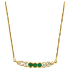 18K Yellow Gold Round Emerald and Round Diamond Bar Centerpiece Necklace 16.5"