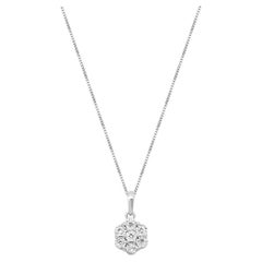 14K White Gold and Round Diamond Flower Pendant Necklace 19.0"