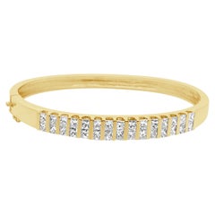 14K Yellow Gold and Princess Cut Diamond Double Row Hinged Bangle Bracelet 6.75"