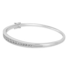 14K White Gold and Channel Set Graduated Round Diamond Hinged Bangle Bracelet 6.