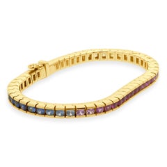 18K Yellow Gold Channel Set Round Rainbow Sapphire Inline Bracelet 6.25"