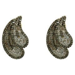 14KY Yellow Gold Pave Brown and White Diamond Plume Earrings