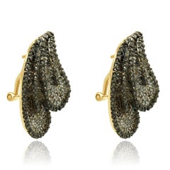 14KY Yellow Gold Pave Brown and White Diamond Plume Earrings