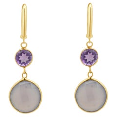 14K Yellow Gold Round Amethyst and Faceted Round Purple Quartz Dangle Earrings