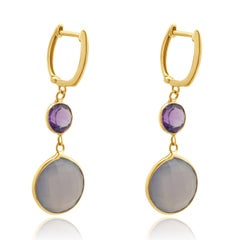 14K Yellow Gold Round Amethyst and Faceted Round Purple Quartz Dangle Earrings