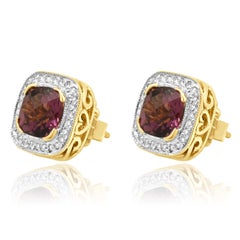 14K Yellow Gold Checkerboard Cushion Cut Pink Tourmaline and Round Diamond Halo