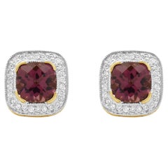 14K Yellow Gold Checkerboard Cushion Cut Pink Tourmaline and Round Diamond Halo