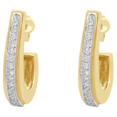 14K Yellow Gold Round Diamond "J" Hoop Earrings