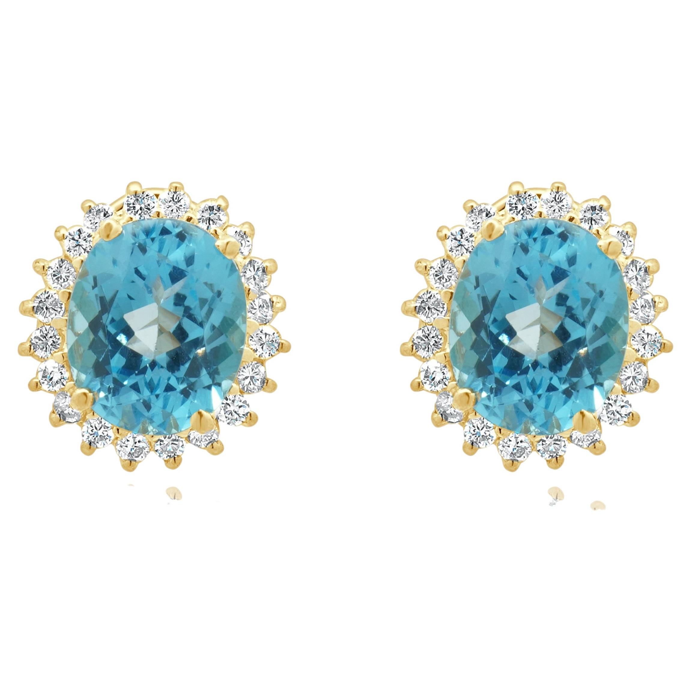 14K Yellow Gold Oval Cut Blue Topaz and Round Diamond Halo Earrings For Sale