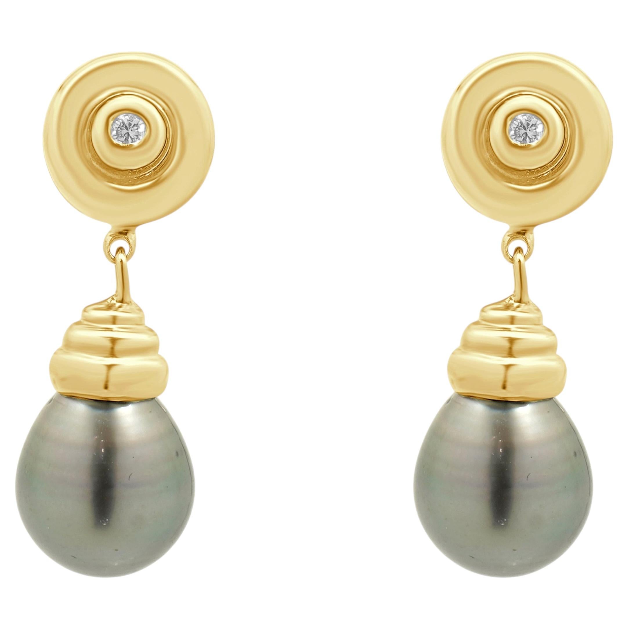 Pendientes colgantes de oro amarillo de 14 quilates con perla de Tahití y diamantes redondos en venta