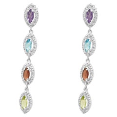 14K White Gold Multi-Color Gemstone and Marquise-Shaped Diamond Halo Dangle Earr