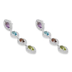 14K White Gold Multi-Color Gemstone and Marquise-Shaped Diamond Halo Dangle Earr