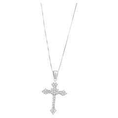 14K White Gold Shared Prong Set Round Diamond Cross Pendant