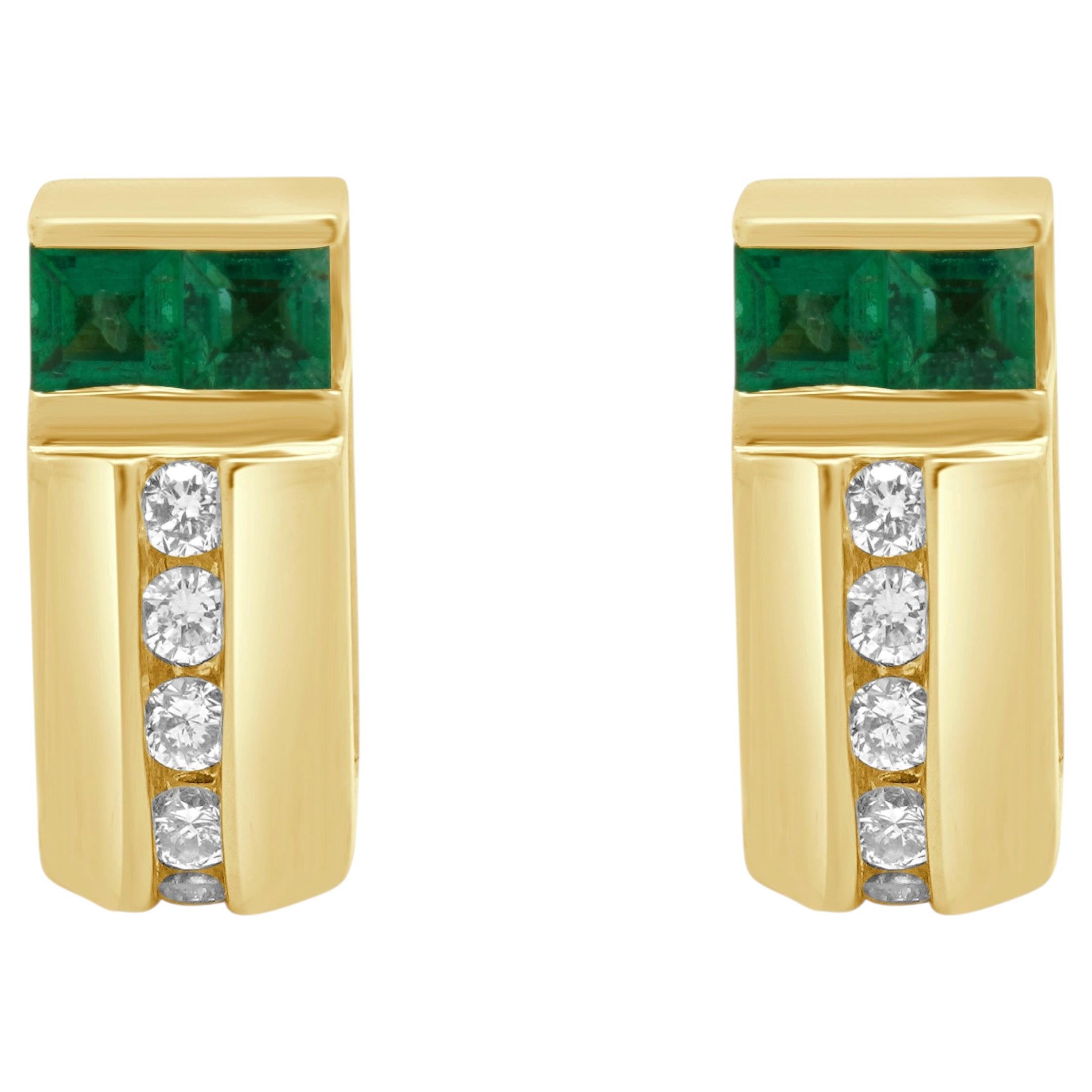18K Yellow Gold Channel Set Princess Cut Emerald and Round Diamond Pendant For Sale
