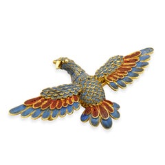 18K Yellow Gold Enamel Oriental Bird Pin