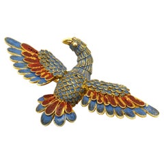 18K Yellow Gold Enamel Oriental Bird Pin