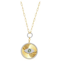 Collier « œil maléfique » en or jaune 14 carats, avec un grenat tsavorite rond et un halo de diamants ronds