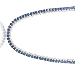 14k White Gold 2-Row Prong Set Round Blue Sapphire and Round Diamond Necklace