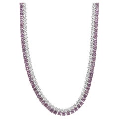 14k White Gold 2-Row Prong Set Round Pink Sapphire and Round Diamond Necklace