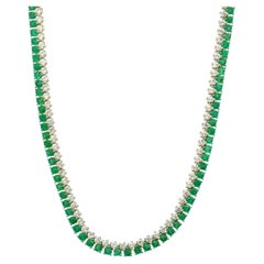 14 Karat Yellow Gold 2-Row Prong Set Round Emerald and Round Diamond Necklace