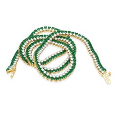 14 Karat Yellow Gold 2-Row Prong Set Round Emerald and Round Diamond Necklace
