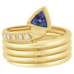 18K Yellow Gold Trillion Cut Tanzanite and Round Diamond Spiral Ring