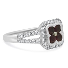 14K White Gold Round Ruby and Diamond Halo Split Shank Ring
