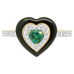 14 Karat Yellow Gold Emerald, Black Enamel, and Diamond Heart Ring