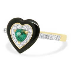 14 Karat Yellow Gold Emerald, Black Enamel, and Diamond Heart Ring