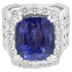 Platinum 5-Row Cushion Cut Tanzanite and Round Diamond Halo Ring