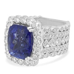 Platinum 5-Row Cushion Cut Tanzanite and Round Diamond Halo Ring