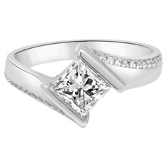 14K White Gold GIA Certified Princess Cut and Round Diamond Bypass Engagement Ri