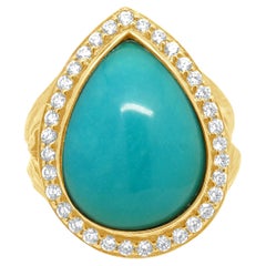 18 cttw Yellow Gold Cabochon Persian Turquoise, Round Diamond Halo Ring