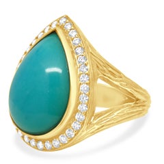 18 cttw Yellow Gold Cabochon Persian Turquoise, Round Diamond Halo Ring