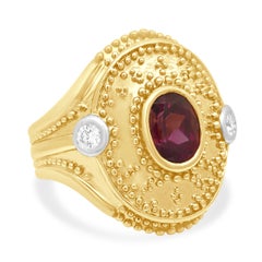 18 Karat Two-Tone Yellow/White Gold Rhodolite Garnet/Round Diamond Etruscan Ring