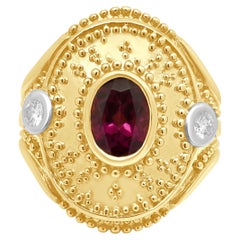 18 Karat Two-Tone Yellow/White Gold Rhodolite Garnet/Round Diamond Etruscan Ring
