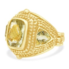 18 Karat Yellow Gold 3-Stone Lemon Quartz Etruscan Style Ring