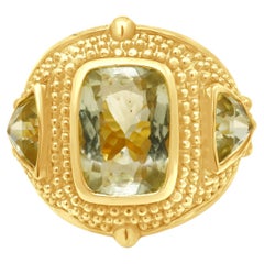 18 Karat Yellow Gold 3-Stone Lemon Quartz Etruscan Style Ring