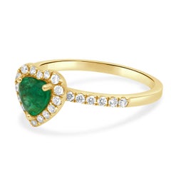 14 Karat Yellow Gold Heart-Shaped Emerald and Round Diamond Halo Ring