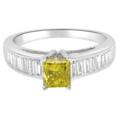18 Karat White Gold Princess Cut Irradiated Yellow and Baguette Diamond Engageme