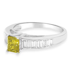 18 Karat White Gold Princess Cut Irradiated Yellow and Baguette Diamond Engageme