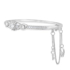18 Karat White Gold Round, Baguette Cut Diamond Bow Bangle Bracelet, w/Charms