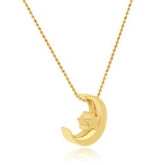 14K Yellow Gold Crescent Moon and Star Pendant Necklace 16.0"